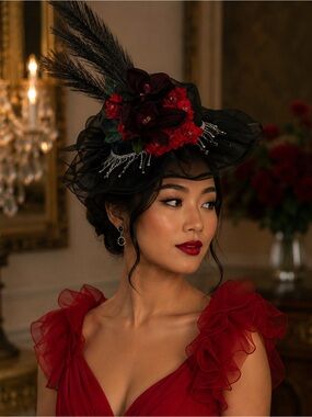 Elegant Black Fascinator Hat with Red Floral Accent